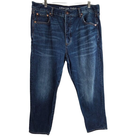 American Eagle Hi Rise Girlfriend Dark Wash Button Fly Denim Jeans 14 Petite - Picture 1 of 10